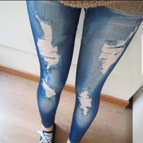 Pants - Emulated Ripped Blue Jeans Leggings